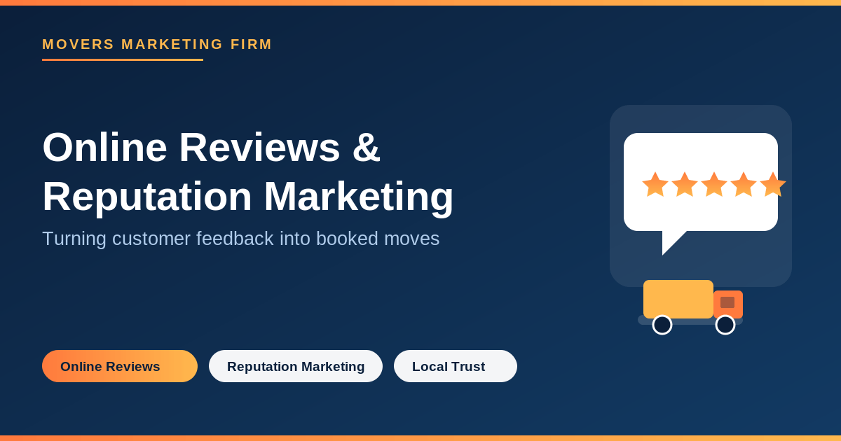 Online reviews and reputation marketing for moving companies - five star review card and moving truck illustration