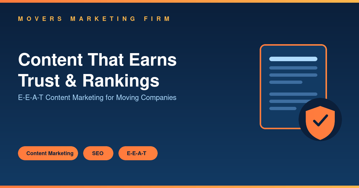 Content marketing and E-E-A-T trust badge illustration for moving company blog strategy