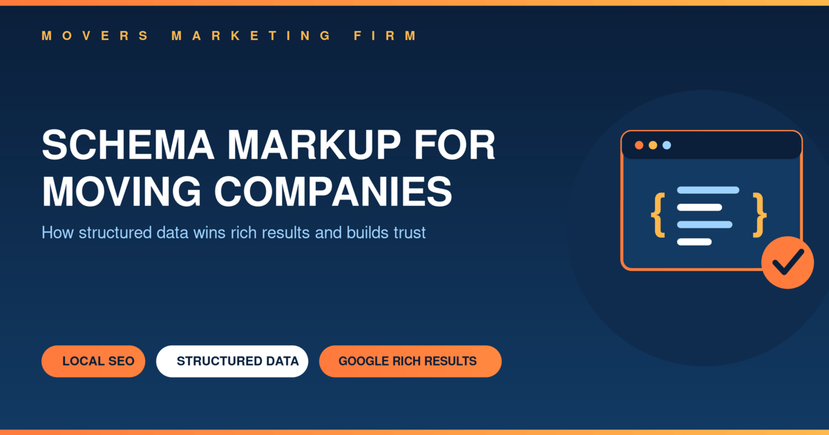 Schema markup and structured data guide for moving companies - browser window with JSON brackets and checkmark badge