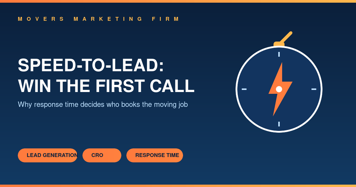 Speed-to-lead illustration with a stopwatch and lightning bolt, representing fast lead response time for moving companies